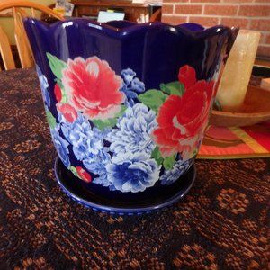 Pioneer Woman Royal Blue and Floral Large 3.5 Quart Flower Pot